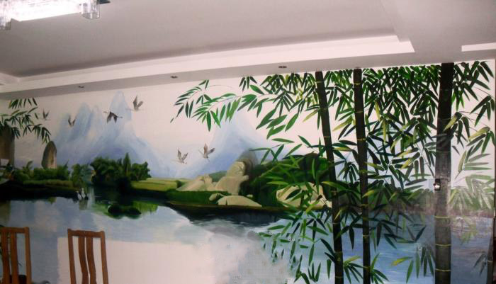 江南山水竹林风景墙绘 中国风墙体彩绘